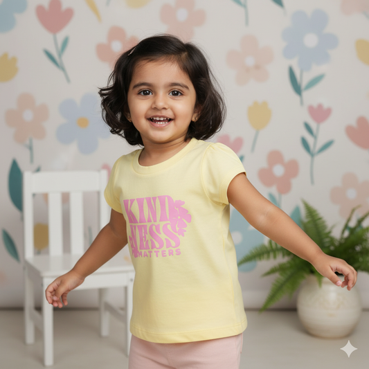Pink Rabbit Girls Yellow Cotton Printed Cap Sleeve T-shirt