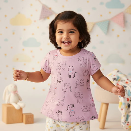 Pink Rabbit Girls Lilac Printed Cotton Cap Sleeve T-shirt
