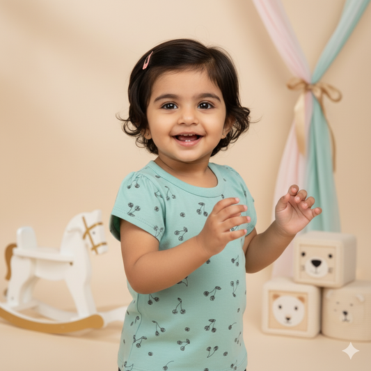 Pink Rabbit Girls Sea Green Cotton All Over Print T-shirt