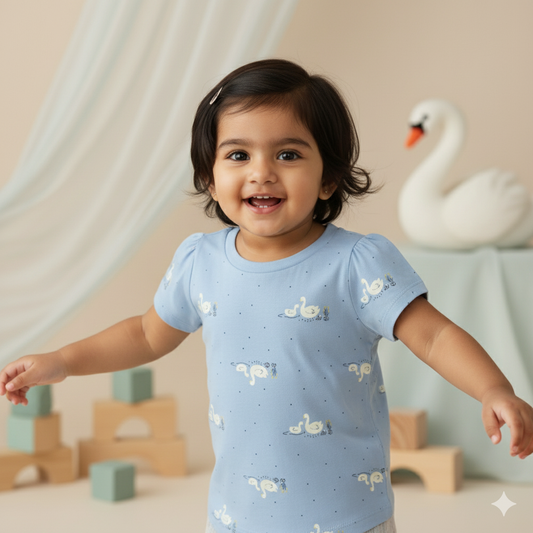 Pink Rabbit Girls Light Blue Cotton Printed Cap Sleeve T-shirt