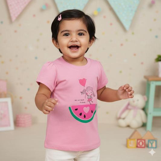 Girls’ Fashionable Light Pink T-Shirt – Pink Rabbit Best Friends Print, Summer Essential