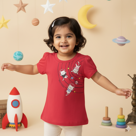 Girls’ Dark Pink Space Adventure T-Shirt – Pink Rabbit Cats & Stars Print