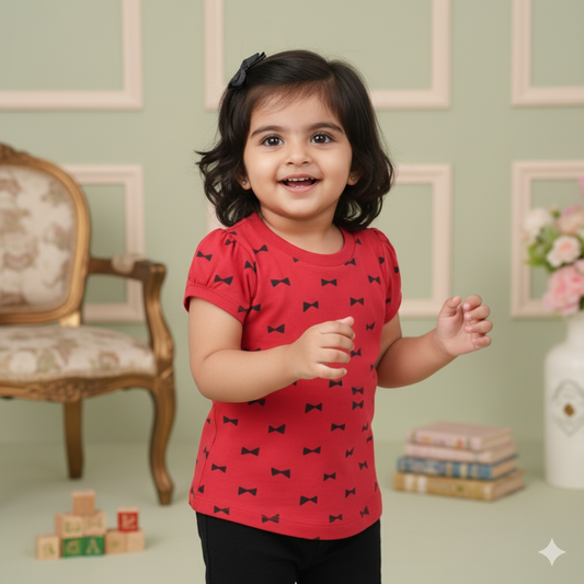 Pink Rabbit Girls Red Cotton All Over Print Cap Sleeve T-shirt