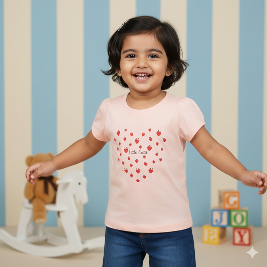 Pink Rabbit Girls Peach Cotton Printed Cap Sleeve T-shirt