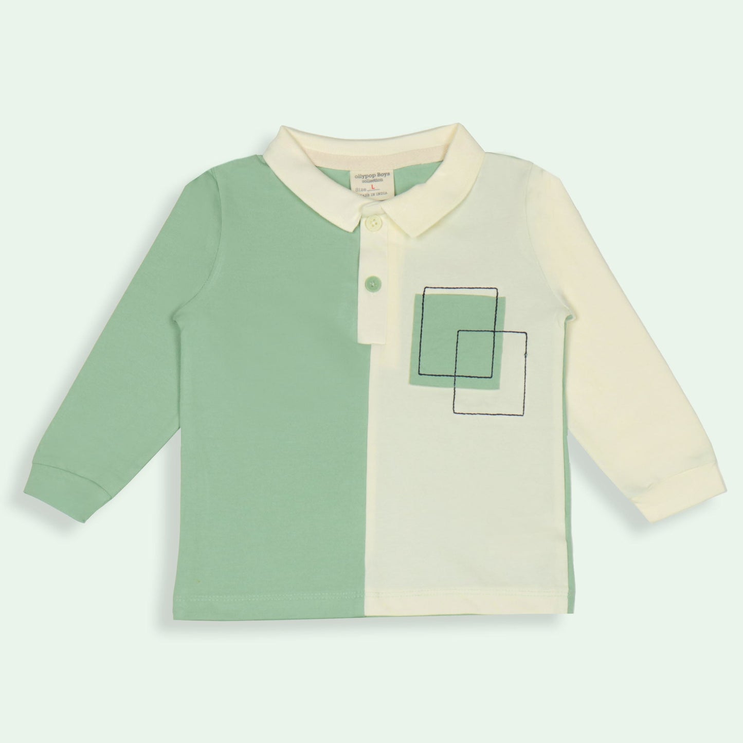 Ollypop Boys’ Light Green Full Sleeve Collar T-Shirt – Basic Breathable Winter & Monsson Essential with Color Blocked Design