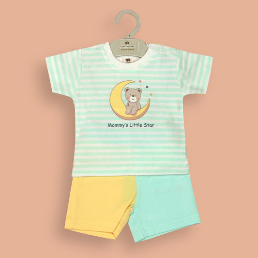 Toffyhouse Unisex Cotton T-Shirt & Shorts – Light Green, Shoulder Snap Tee with Teddy Bear & Star Print, Smart Outdoor Comfort