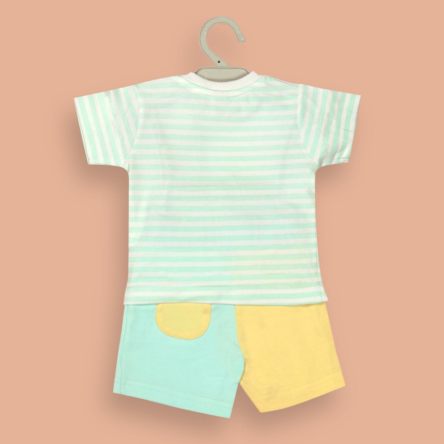 Toffyhouse Unisex Cotton T-Shirt & Shorts – Light Green, Shoulder Snap Tee with Teddy Bear & Star Print, Smart Outdoor Comfort