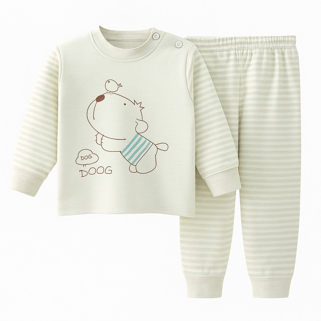 Girls Light Green Long Sleeve Graphic TShirt With Striped Pants Set