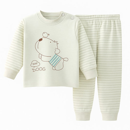Girls Light Green Long Sleeve Graphic TShirt With Striped Pants Set