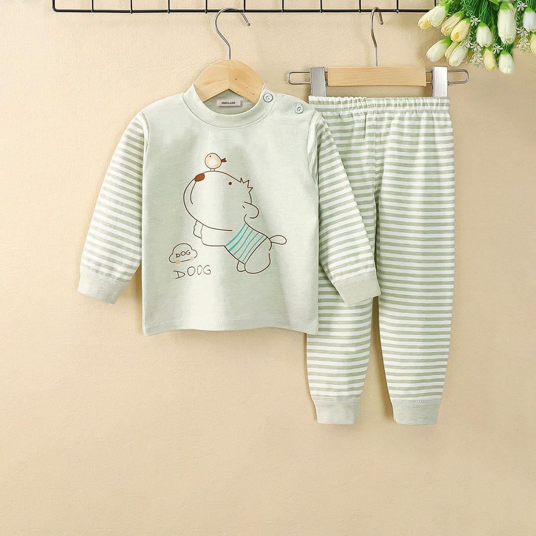 Girls Light Green Long Sleeve Graphic TShirt With Striped Pants Set