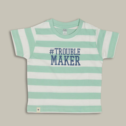 Pink Rabbit Light Green Cotton Tee – Cap Sleeve, Humorous “#TROUBLE MAKER”