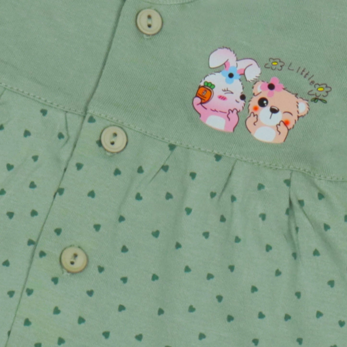 Pink Rabbit's "Little Sunny Bunny" Soft Green Cap-Sleeve Dress All-Over Teddy & Bunny Prints for Pre-Summer Fun