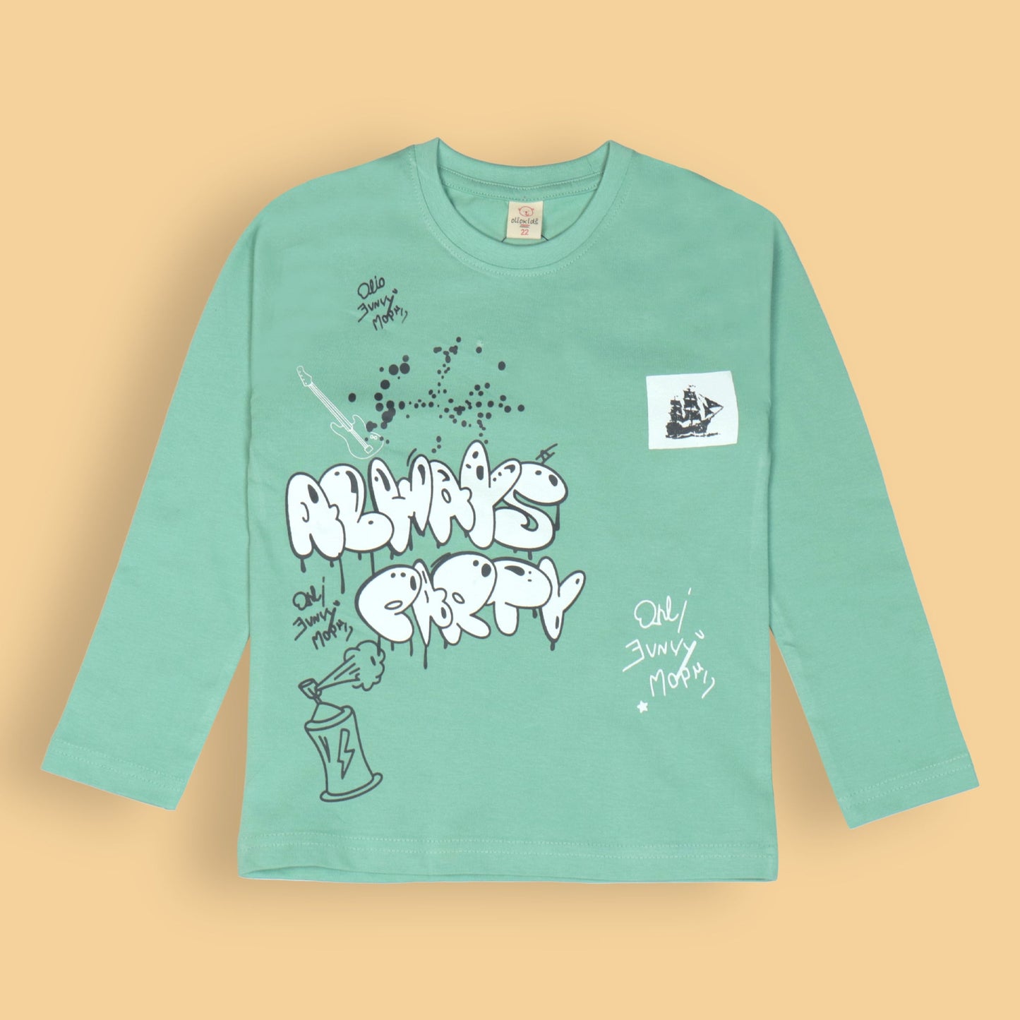OlioKids Boys’ Party Theme Tee – Light Green Full Sleeve ‘Always Party’ Print, Extra Soft Cotton Comfort