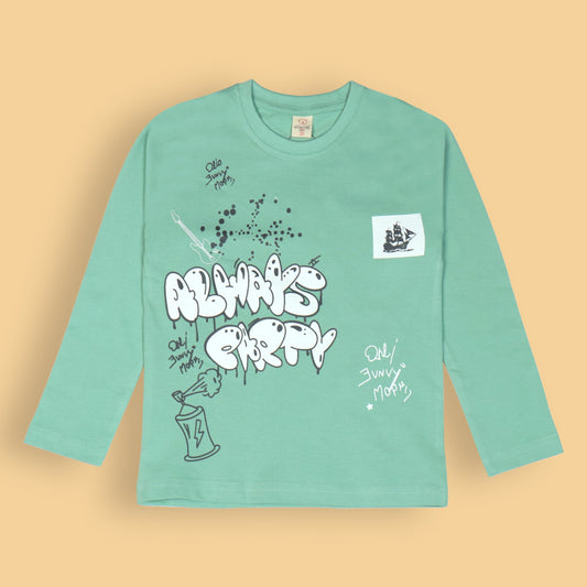 OlioKids Boys’ Party Theme Tee – Light Green Full Sleeve ‘Always Party’ Print, Extra Soft Cotton Comfort