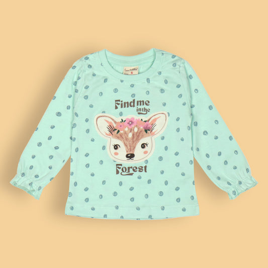 Cucumber Girls’ Nature Jungle Tee – Light Green Full Sleeve, Animal Print, Soft Cotton, Perfect for Outdoor Explorers