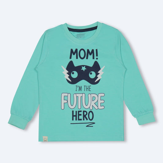 Future Hero Tee by NIOMODA – Boys’ Light Green Cotton Full Sleeves, MOM! Quote, Warm Comfort+ for Chilly Days