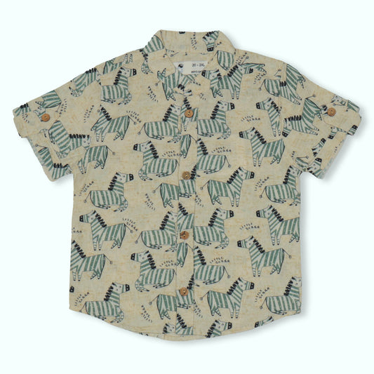 Dew Drop Boys' Mandarin Collar Shirt with Zebra Print – Soft Fabric, Half Sleeves, Summer Essential (Light Green)