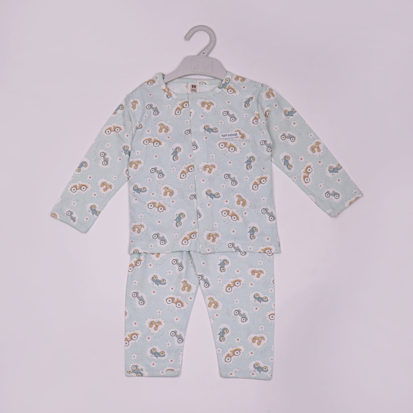 Toffyhouse Boys’ Light Green Car Print Cotton Nightwear Set