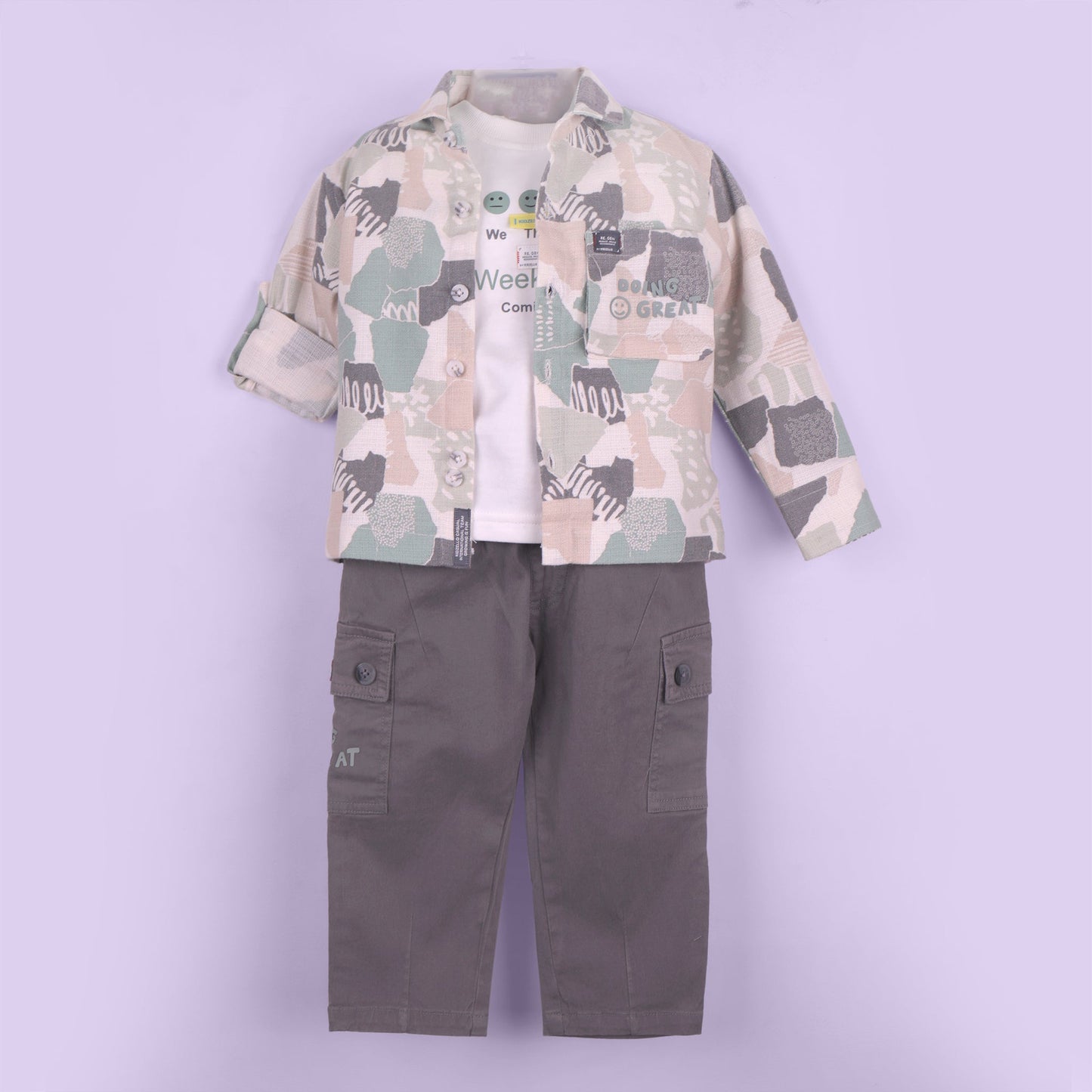 Trendy 3-in-1 Combo – Boys’ Light Green Shirt, T-Shirt & Pants