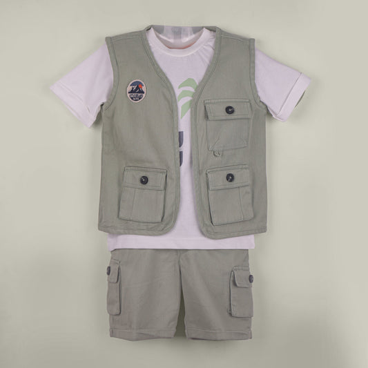 Smart & Stylish – Boys’ Light Green Tee with Jacket and Cargo Shorts