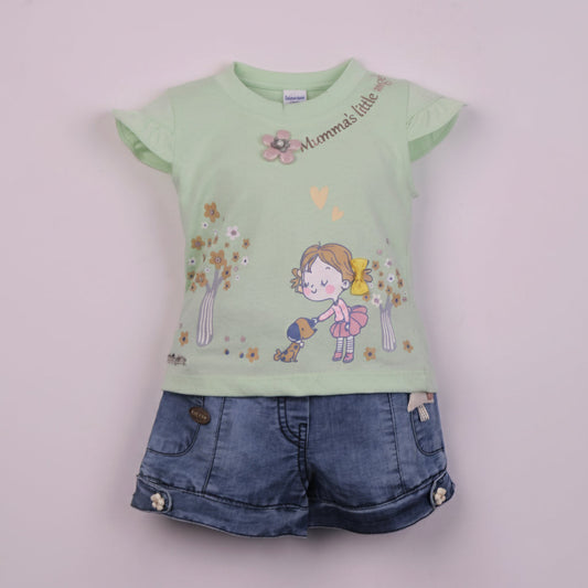 Breezy Bengaluru Days: Baby’s Day Light Green Cotton Top & Shorts with Applique & Sequins