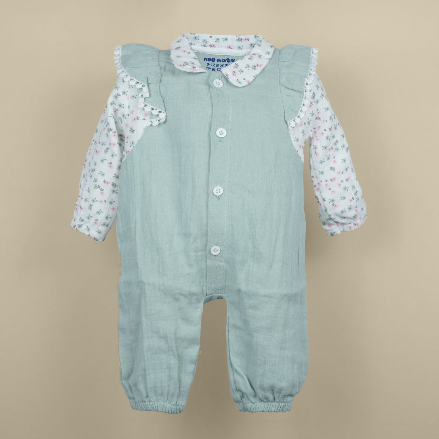 Soft Charm – Neo Nate Girls’ Light Green Printed Cotton Romper