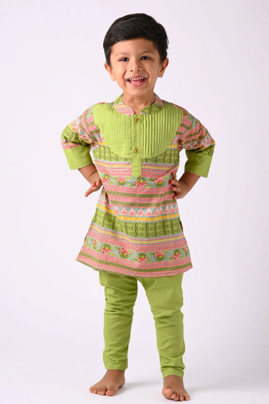 Peekaboo Boy’s Light Green All-Over Print Kurta with Comfortable Cotton Dhoti