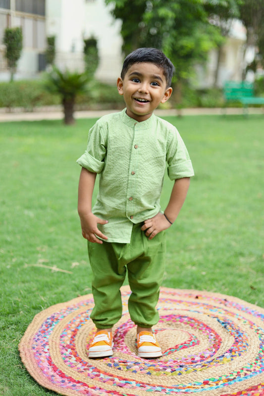 Peekaboo Boy’s Light Green All-Over Print Kurta with Comfortable Cotton Dhoti
