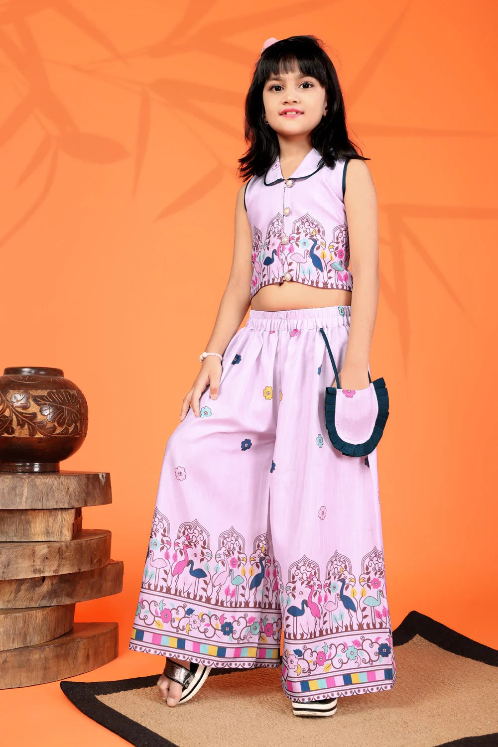 Lavender Luxe – Satyam Fab Girls’ Printed Kurta Palazzo Set with Side Bag