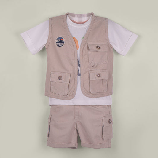 Trendy in Beige – Boys’ Cotton Outfit with Jacket & Cargo Shorts