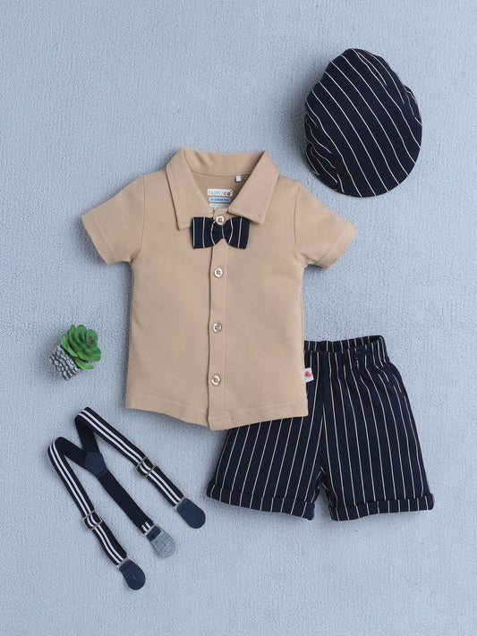 Bumzee’s boys’ festive set: half-sleeve polo, elastic shorts, and cap with cute bow accents!