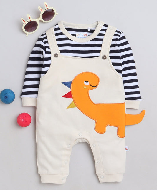 Bumzee Boys’ Beige Cotton Striped Embroidered Full Sleeve Bodysuit