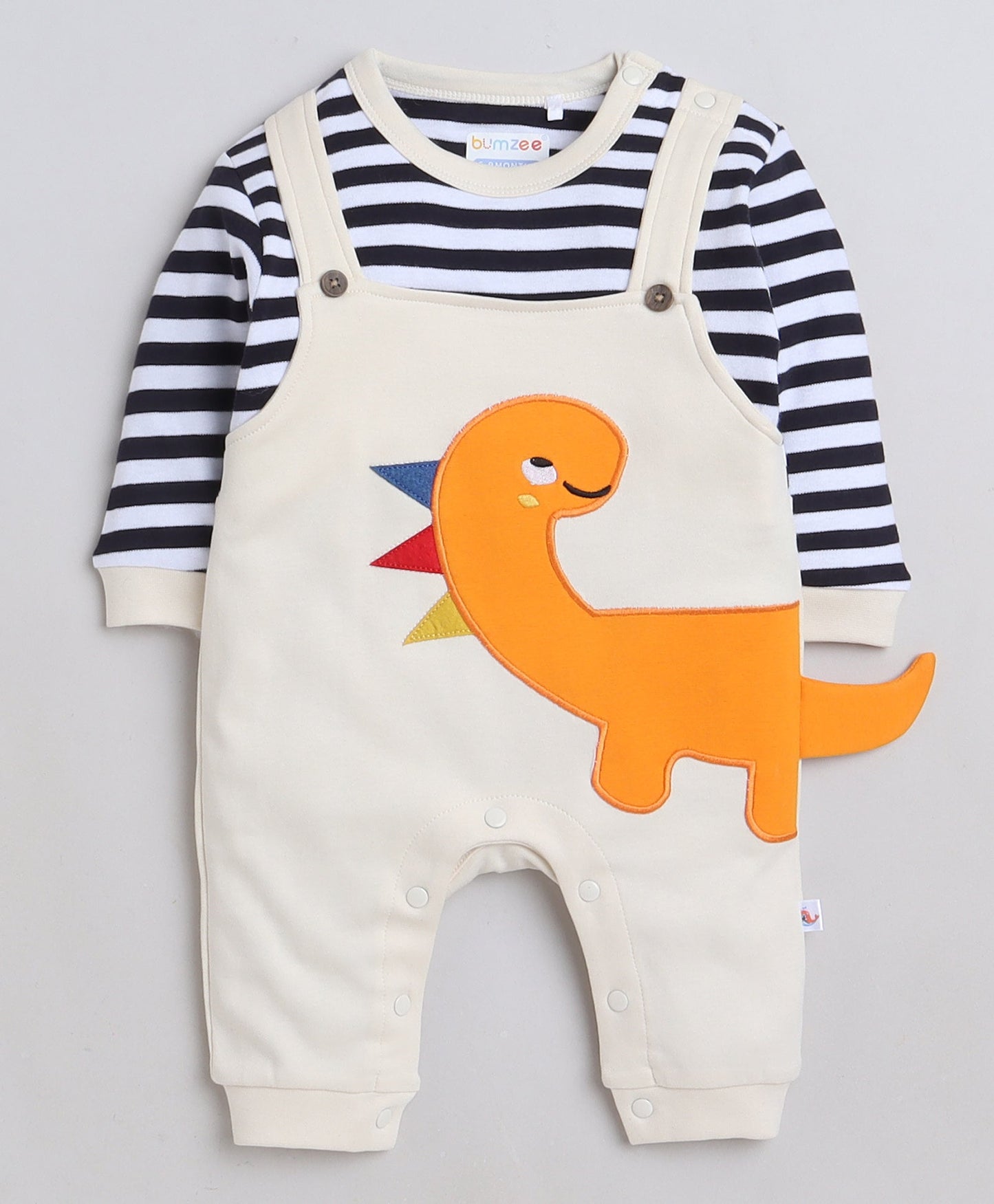Bumzee Boys’ Beige Cotton Striped Embroidered Full Sleeve Bodysuit