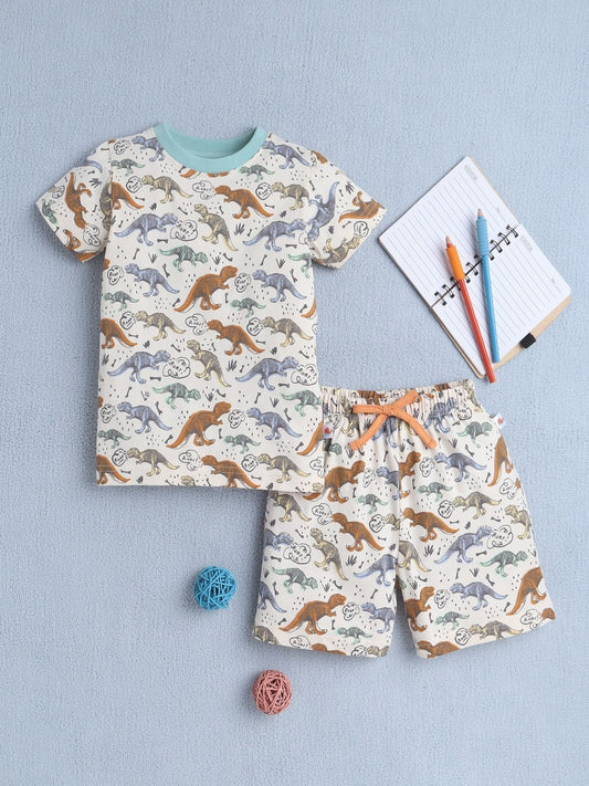 Bumzee Boy's Beige 'Roar' AOP T-Shirt & Knee-Length Shorts Set