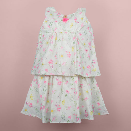 DW Girl's Sleeveless Square Neck Top & AOP Skirt Set (Beige)
