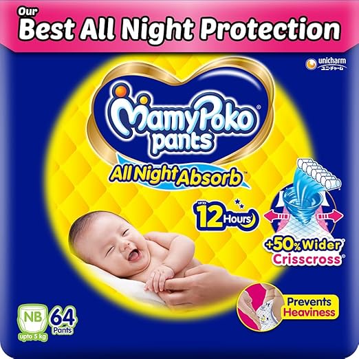 Mamypoko pants All Night Absorb| Pant Style Baby Diapers New Born Size(NB), 64 Count