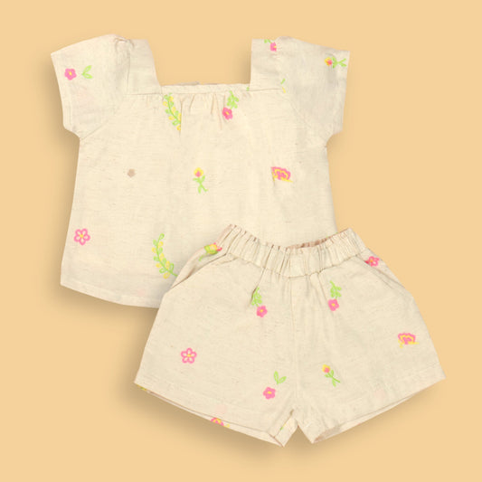 DW Cute Girls' Offwhite Cotton Party Set – Comfort+ Cap Sleeve Top with All-Over Small Flower Print & Square Neck, Back Zipper + Knee-Length Elasticated Shorts