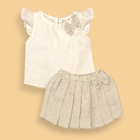 DW Girls' Pretty Offwhite Sensory Z Cotton Blend Pleated Cap Sleeve Top & Linen Knee-Length Skirt Set – Party & Fashion Wear,