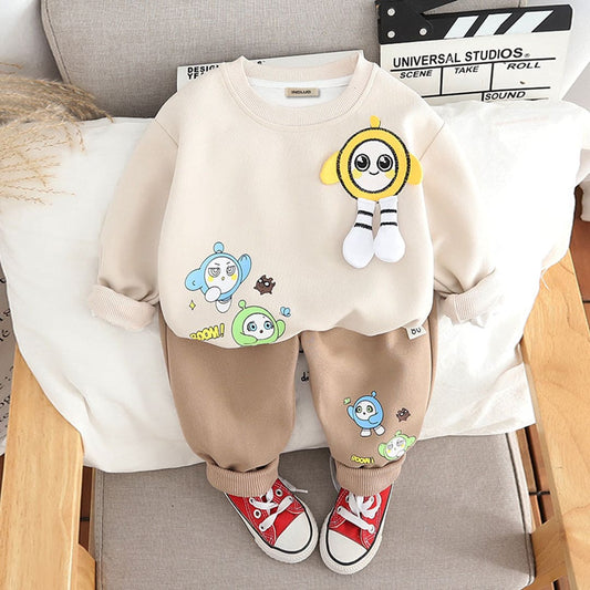 Boys Off White Printed Long Sleeves
 
 Sweatshirt With Trouser Set
