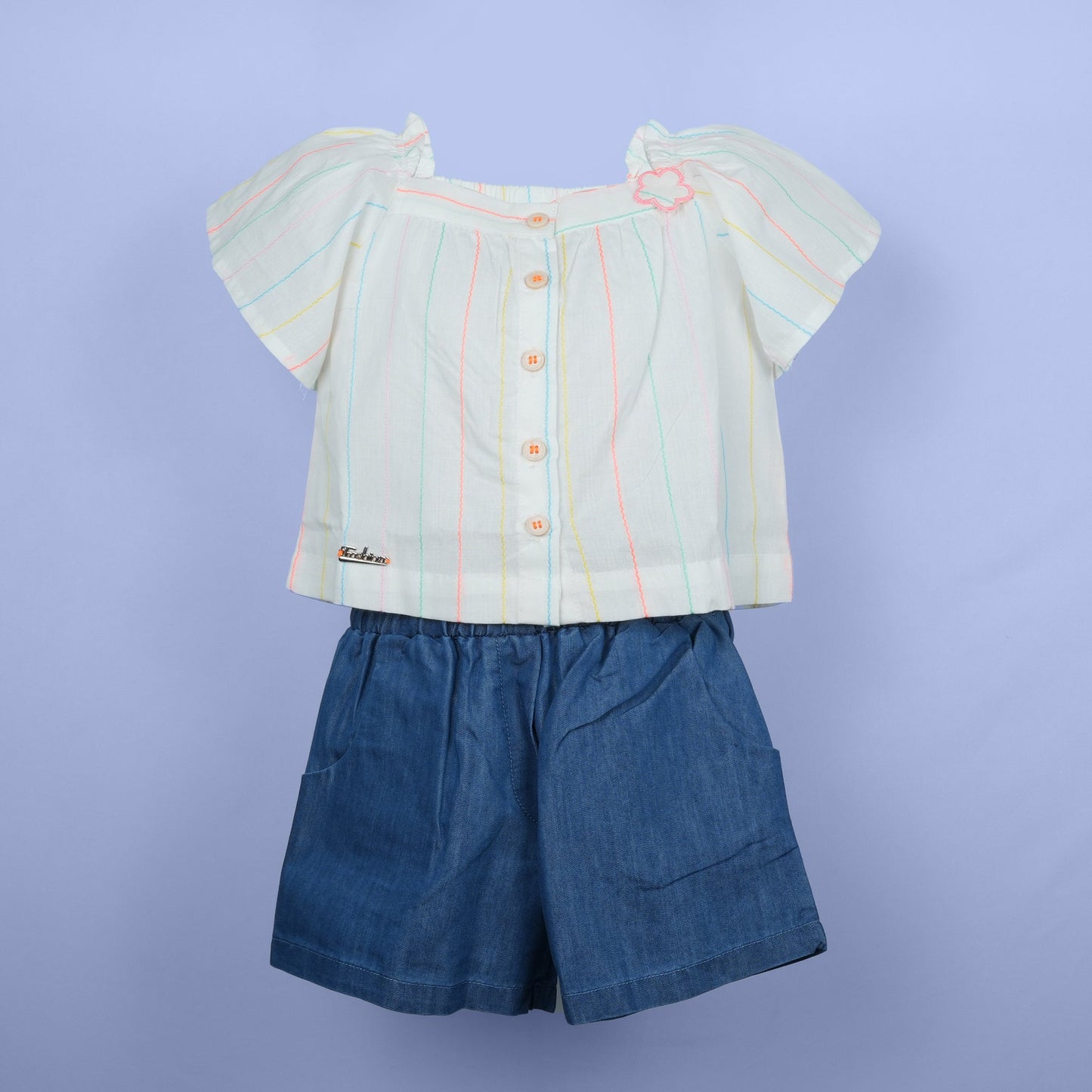 DW Girl's Offwhite Half-Sleeve Top & Striped Shorts Set