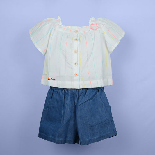 DW Girl's Offwhite Half-Sleeve Top & Striped Shorts Set