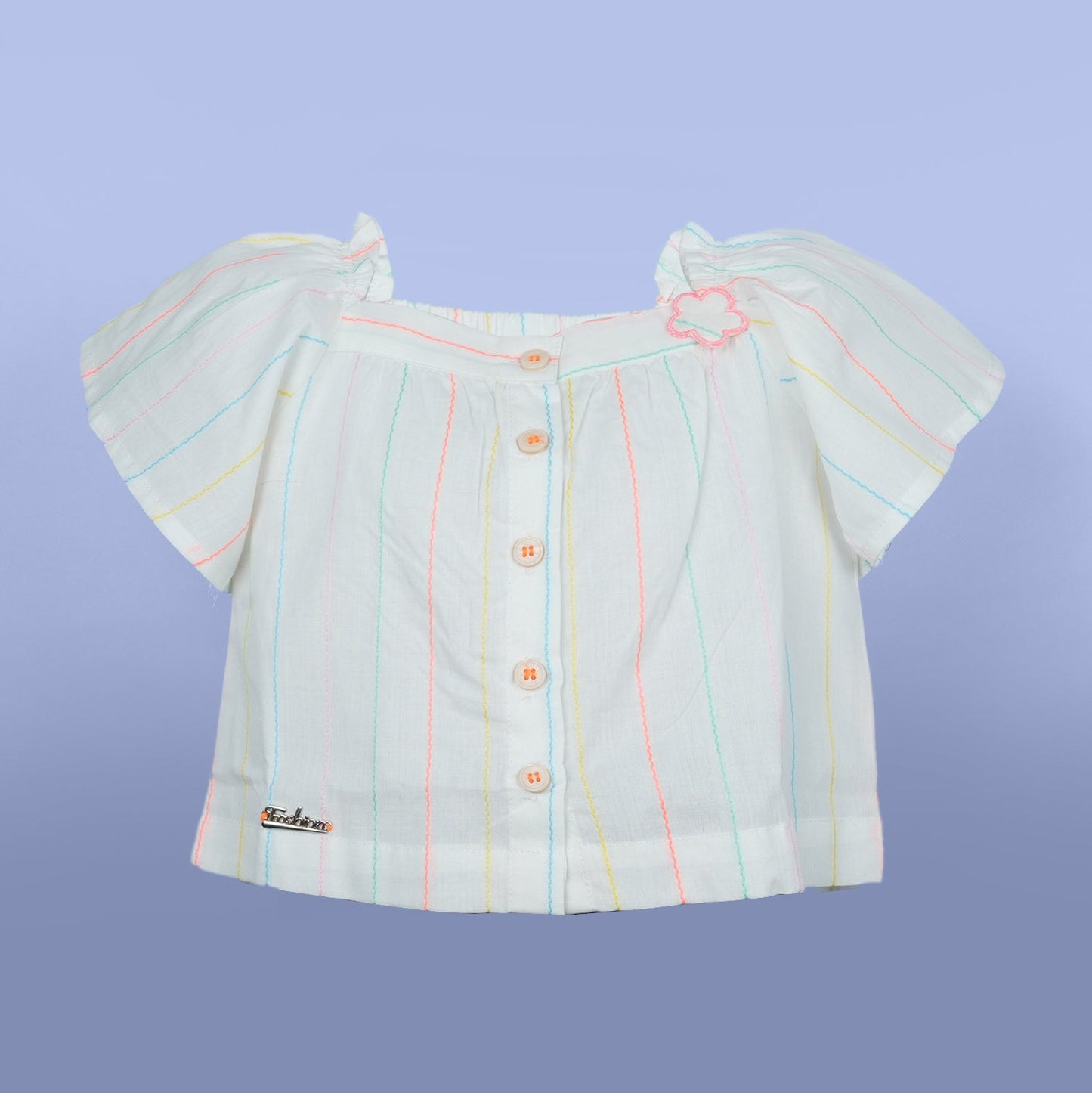 DW Girl's Offwhite Half-Sleeve Top & Striped Shorts Set