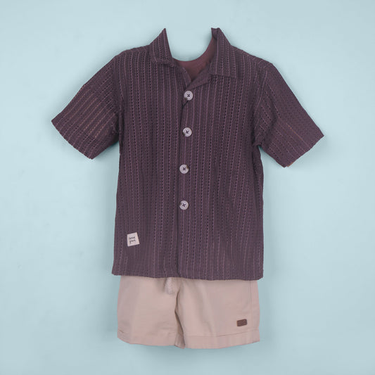Everyday Cool – Boys’ Wine Shirt, Printed Tee & Shorts Outfit