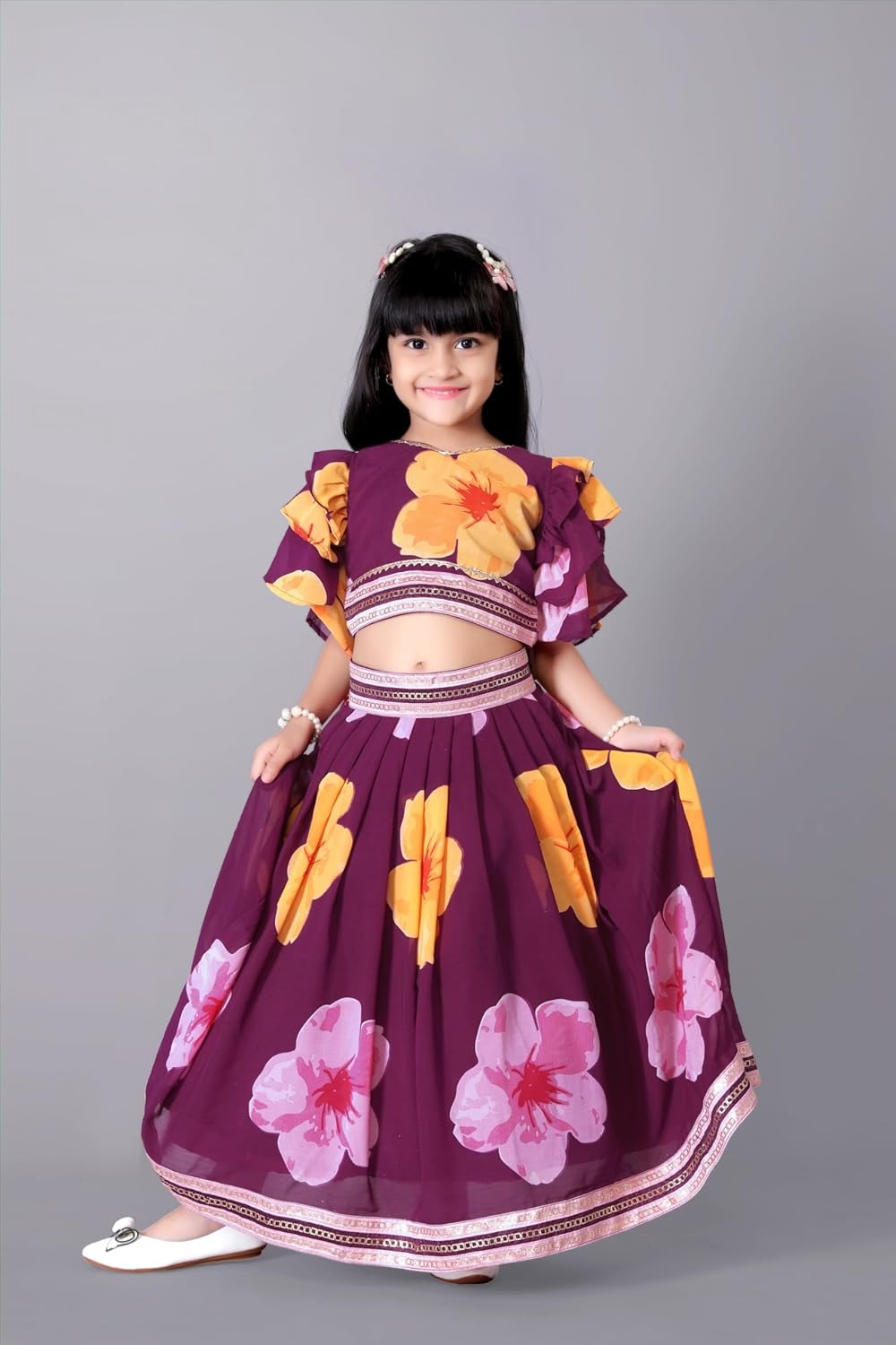 Celebrate with Style: Wine-Hued Lehenga Choli Set for Girls by Satyam Fab