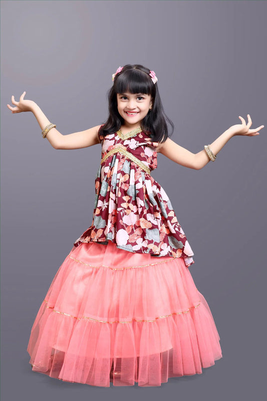 Gleam in Wine – Satyam Fab Girls’ Printed Festive Lehenga Ensemble
