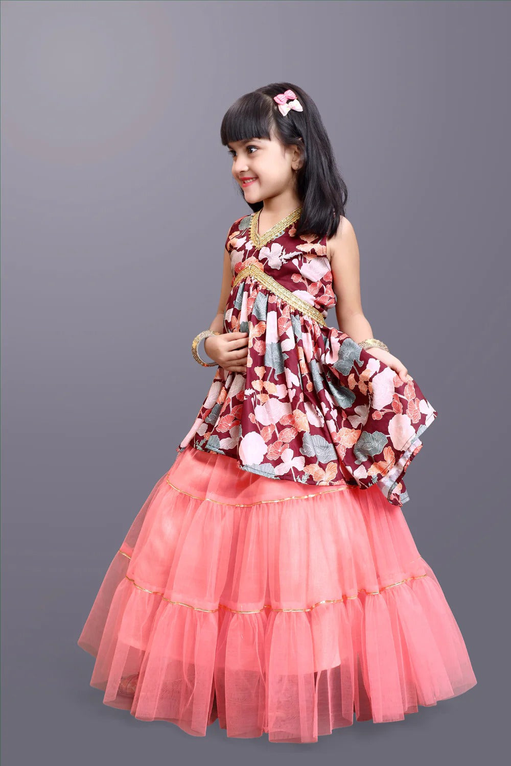 Gleam in Wine – Satyam Fab Girls’ Printed Festive Lehenga Ensemble