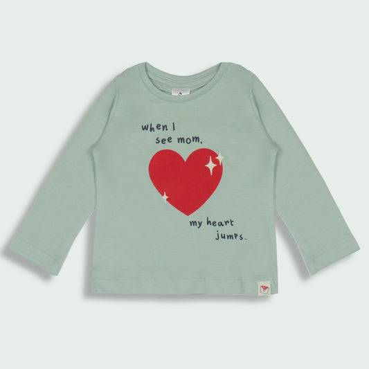 Ollypop Girl Mint 'When I see mom, my heart jumps' Placement Print Cotton Full Sleeve T-Shirt