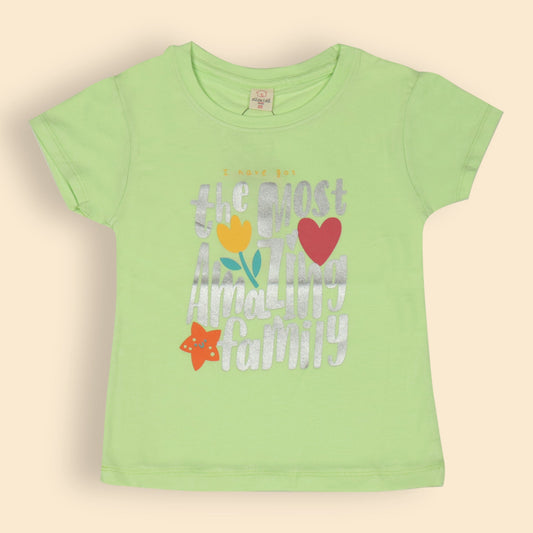 OlioKids Girls’ Soft Cotton Top – Mint Cap Sleeve, Family Love, Heart & Floral Print, Essentials for Happy Play