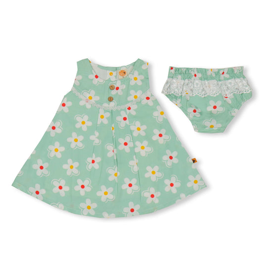 Pretty Mint Floral Frock For Girls – Dew Drop Sleeveless Cool+ Sinker Set With Flared Design & Panty