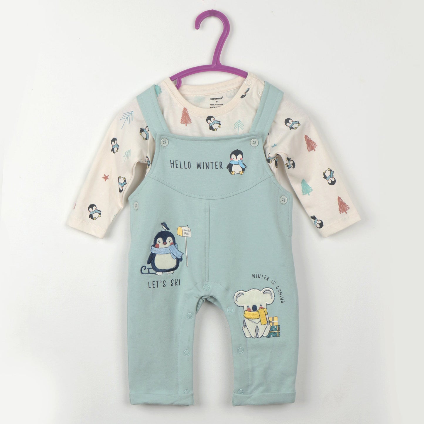 Winter Ready Mint Cotton Dungaree Set for Kids | Cucumber Smart Outdoor Comfort+ Fashion